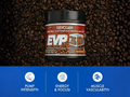 Supplement container labeled 'EvoGen EVP 3D' on a background of coffee beans with feature icons below.