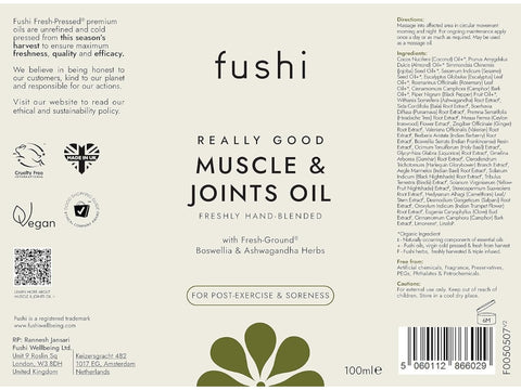 Fushi Really Good Muscle and Joints Oil 100 ml back label showing directions ingredients and barcode