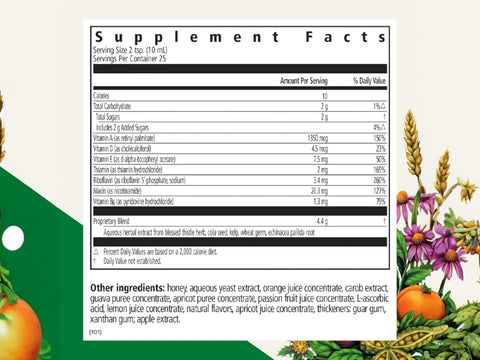 Floradix Epresat Adult Liquid Multivitamin Vegetarian 250ml Supplement Facts nutrition information panel