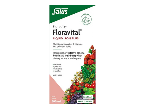 Floradix Floravital Liquid Iron & Vitamin Formula box angled product view- 500ml