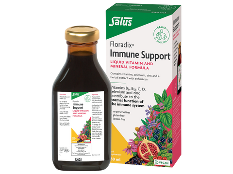 Floradix Liquid Immune Support with Vitamin & Mineral Formula 250ml bottle & box front label packaging
