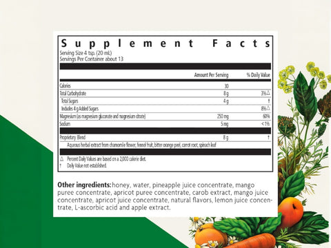 Floradix Magnesium Liquid Mineral Supplement Vegetarian 250ml Supplement Facts nutrition information panel
