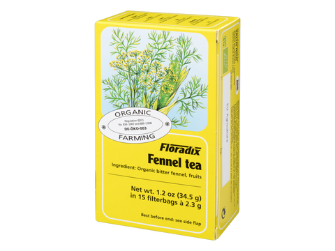Floradix Organic Fennel Herbal Tea 15 Teabags 2.3g each box angled product view