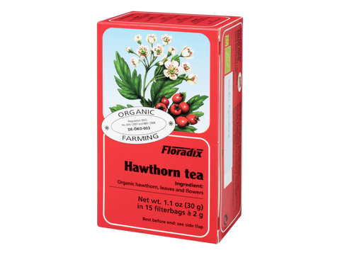 Floradix Organic Hawthorn Herbal Tea 15 Teabags 2g each box angled product view
