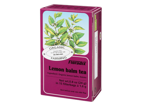 Floradix Organic Lemon Balm Herbal Tea 15 Teabags 1.6g each box angled product view
