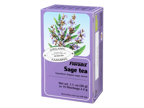 Floradix Organic Sage Herbal Tea 15 Teabags 2g each box angled product view