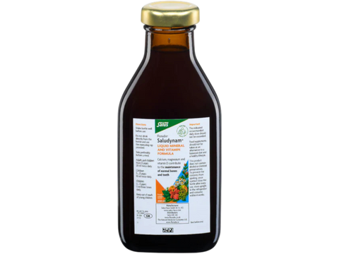 Floradix Saludynam Liquid Mineral & Vitamin Formula 250ml bottle angled product view