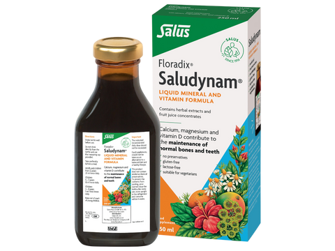 Floradix Saludynam Liquid Mineral & Vitamin Formula 250ml bottle & box front label packaging