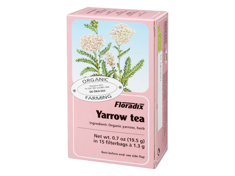Floradix Yarrow Herbal Tea 15 Organic Teabags 1.3g each box angled product view