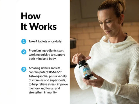 Force Factor AMAZING ASHWA 120 Tablets how to use directions and ingredient highlights panel