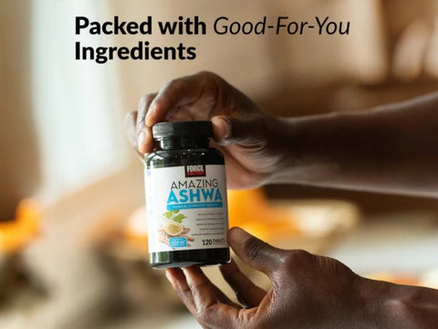 Force Factor AMAZING ASHWA 120 Tablets close up of tablets next to bottle