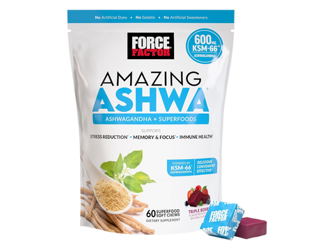 Force Factor Amazing Ashwa Soft Chews 60 Count close up of soft chew pieces next to bottle