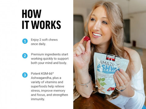 Force Factor Amazing Ashwa Soft Chews 60 Count how to use directions and ingredient highlights panel