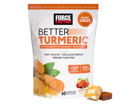 Force Factor Better Turmeric Soft Chews 60 Count close up of soft chew pieces next to pouch