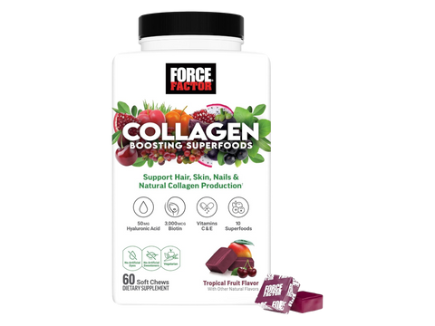 Force Factor Collagen Boosting Superfoods Tropical Fruit Soft Chews 60 Count close up of soft chew pieces next to bottle