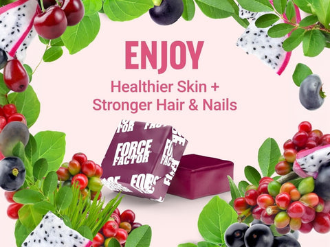 Force Factor Collagen Boosting Superfoods Tropical Fruit Soft Chews 60 Count close up of soft chew pieces next to bottle