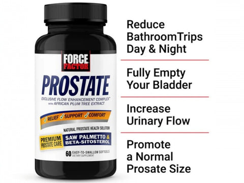 Force Factor Prostate supplement bottle with text highlighting benefits on a white background