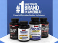 Force Factor supplement bottles with promotional text on a blue background