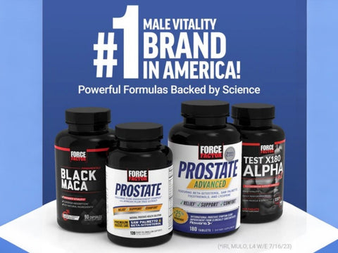 Force Factor supplement bottles with promotional text on a blue background