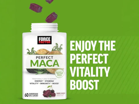 Force Factor Perfect Maca 60 Soft Chews front bottle packaging showing product name and maca graphic