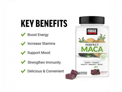 Force Factor Perfect Maca 60 Soft Chews supplement facts and nutrition information panel