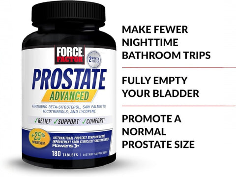 Force Factor Prostate Advanced 180 Tablets angled bottle close up showing label text