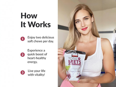 Force Factor Total Beets Soft Chews 60 Count how to use directions and ingredient highlights panel