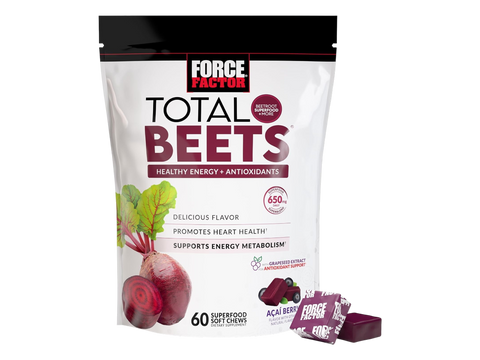 Force Factor Total Beets Soft Chews 60 Count close up of soft chew pieces next to pouch