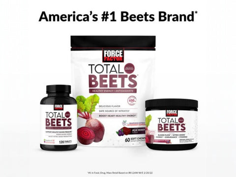 Force Factor Total Beets products including a supplement bottle, chewable package, and powder jar on a white background.
