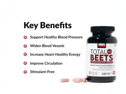 Total Beets supplement bottle with key benefits listed on a white background