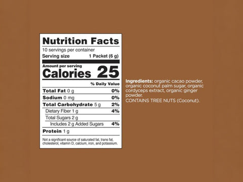 nutrition facts, and ingredients for Four Sigmatic Cacao Mix.
