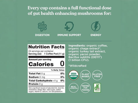 Four Sigmatic coffee pods ingredients and product information panel on packaging