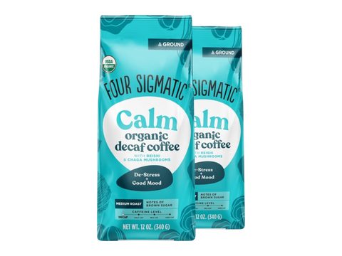 Four Sigmatic Organic Decaf Ground Coffee 340g, 2 pouches front packaging on white background