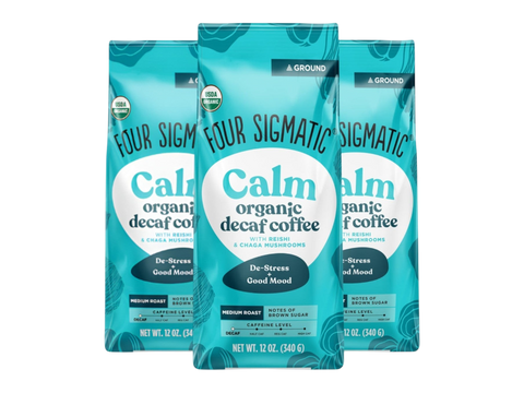 Four Sigmatic Organic Decaf Ground Coffee 340g, 3 pouches front packaging on white background