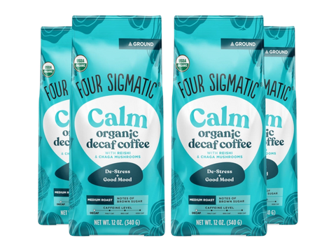Four Sigmatic Organic Decaf Ground Coffee 340g, 4 pouches front packaging on white background