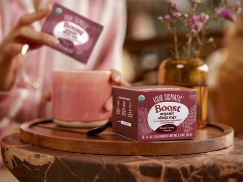 How to Use: Four Sigmatic Elixir packet contents being poured into a mug.