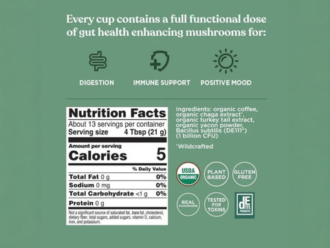 Nutrition facts, ingredients, brewing guide, and certifications.