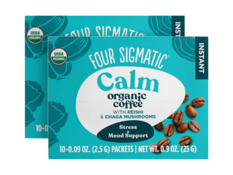 Four Sigmatic Organic Half Caf Instant Coffee 10 packets, 2 boxes front packaging on white background.