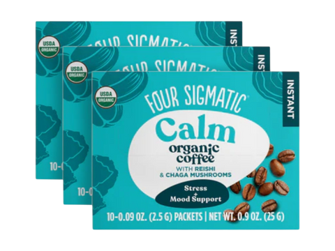 Four Sigmatic Organic Half Caf Instant Coffee 10 packets, 3 boxes front packaging on white background