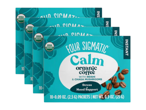 Four Sigmatic Organic Half Caf Instant Coffee 10 packets, 4 boxes front packaging on white background.