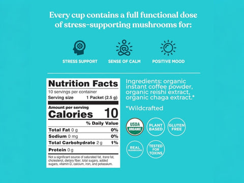 Four Sigmatic half caf instant coffee ingredients and product information panel on packaging