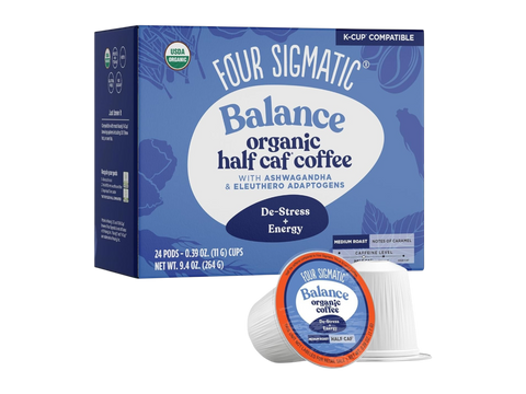 Four Sigmatic Organic Half Caff Coffee Pods 24-Count Box, Medium Roast.