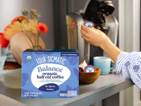 How to Use: A Four Sigmatic coffee pod being inserted into a Keurig brewer.