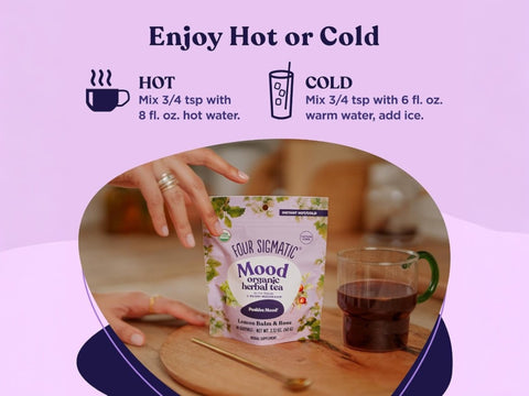 How to Use: Four Sigmatic herbal tea with lemon balm and rose on a mug. Enjoy hot or cold.