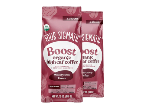 Four Sigmatic Organic High Caf Ground Coffee Dark Roast 340g, 2 pouches front packaging on white background