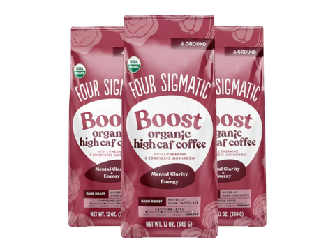 Four Sigmatic Organic High Caf Ground Coffee Dark Roast 340g, 3 pouches front packaging on white background