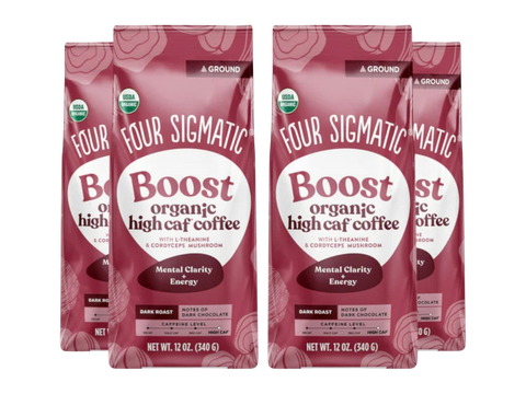 Four Sigmatic Organic High Caf Ground Coffee Dark Roast 340g, 4 pouches front packaging on white background