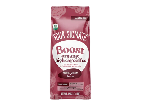 Four Sigmatic Organic High Caf Ground Coffee Dark Roast 340g,  front packaging on white background