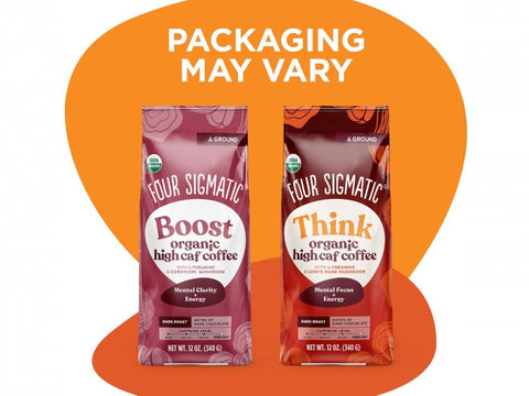 Four Sigmatic Organic High Caf Ground Coffee, Dark Roast - 340g. Packaging may vary.