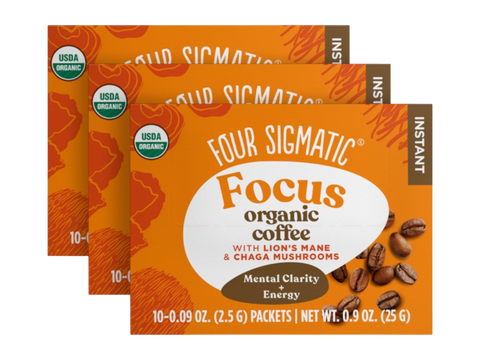 Four Sigmatic Organic Instant Coffee 10 packets, 3 boxes front packaging on white background
